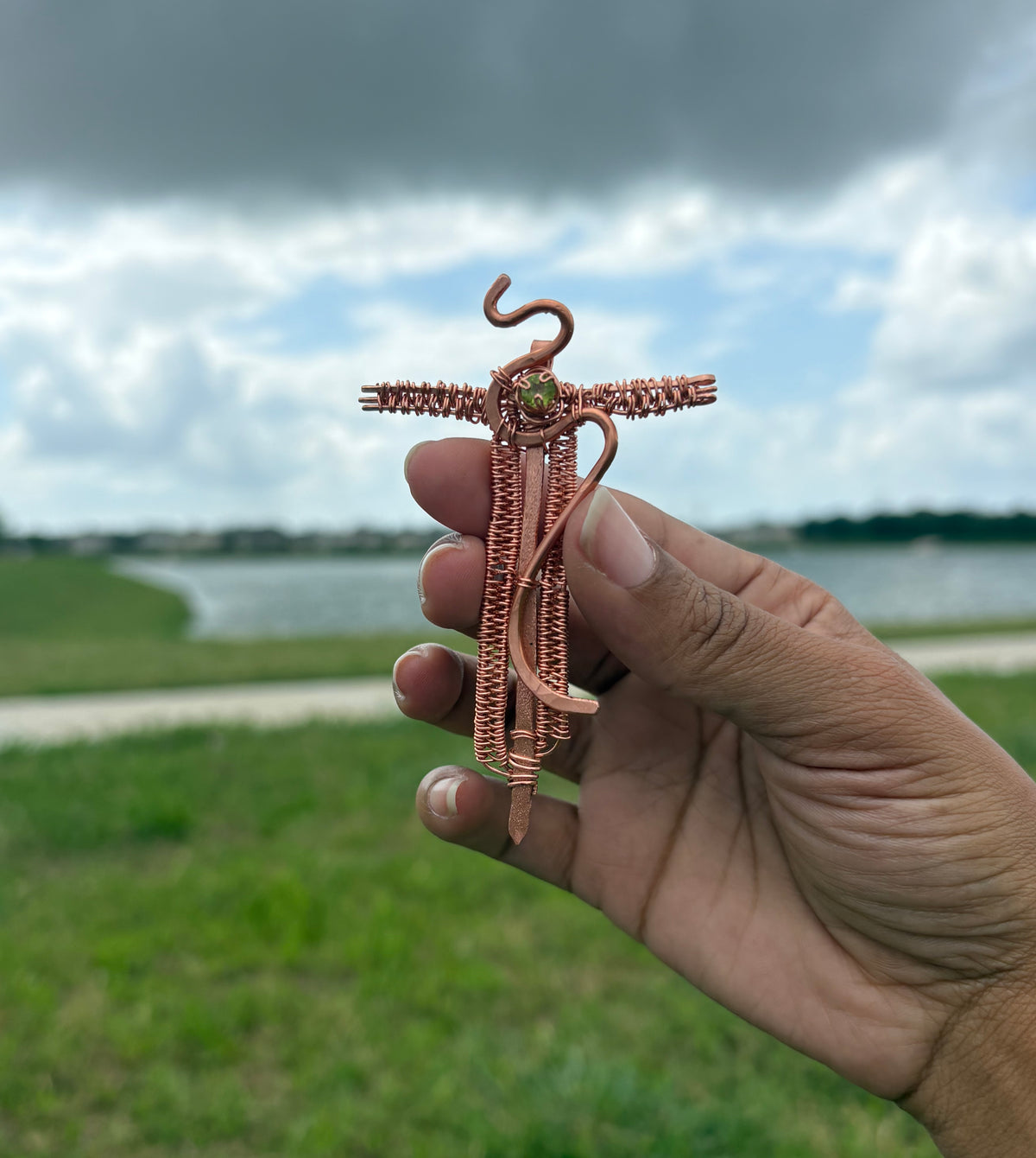 Copper Peridot Cross Blade Pendant